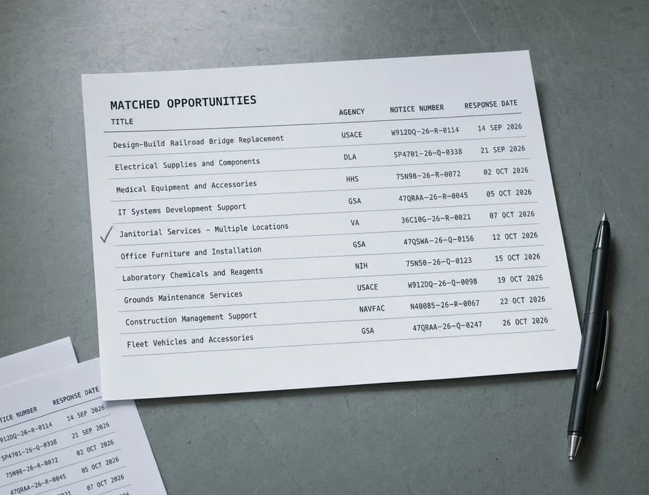 A printed register of matched federal solicitation notices listing title, agency, notice number and response date, with one row ticked in the margin