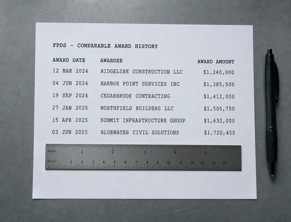 A printed FPDS comparable-award-history table listing award dates, awardees and award amounts on a grey steel desk, with a steel machinist ruler and a pen resting beside it