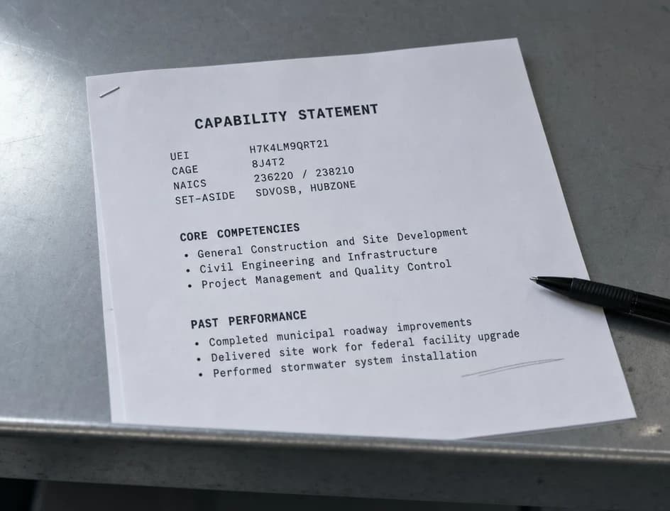 A printed one-page capability statement showing UEI, CAGE, NAICS and set-aside fields above core competencies and past performance